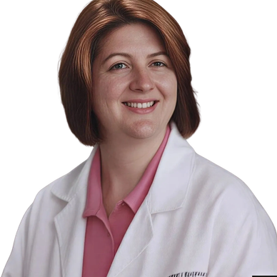Smiling woman in medical coat.