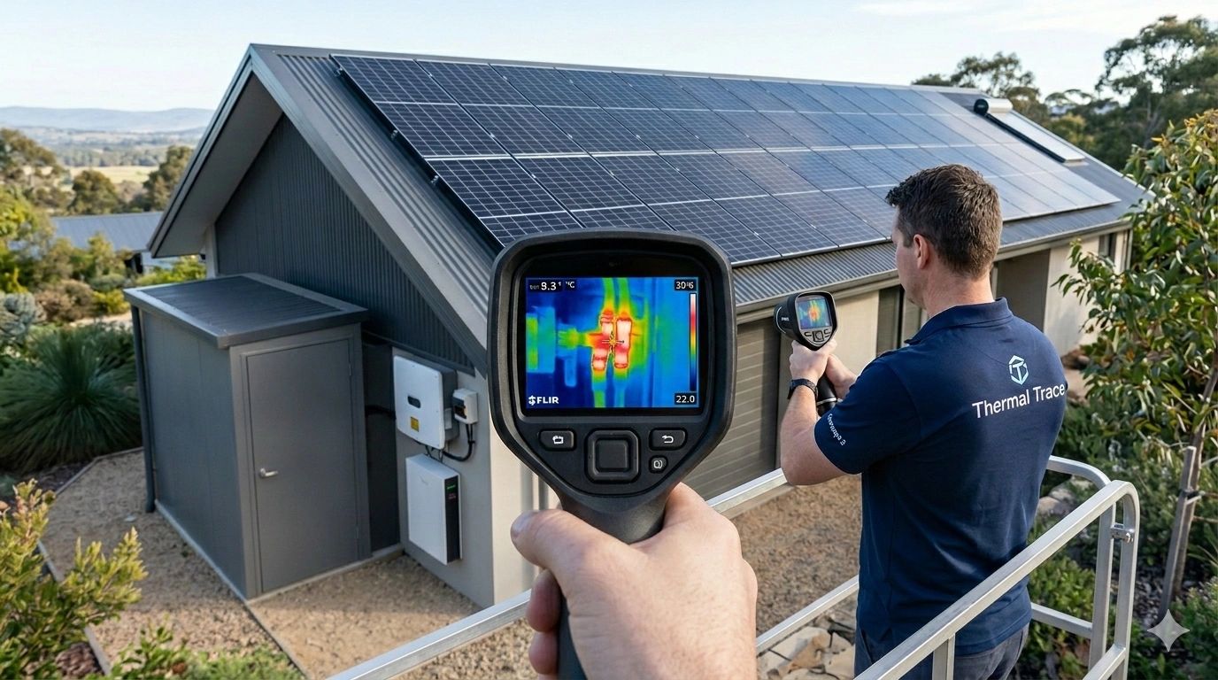 Technician using a thermal camera to inspect solar panels on a house roof.