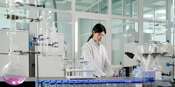 Scientist working in a lab with test tubes and equipment.