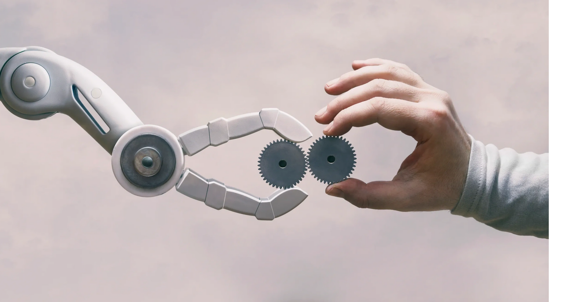 Robot and human hand holding gears, symbolizing collaboration.