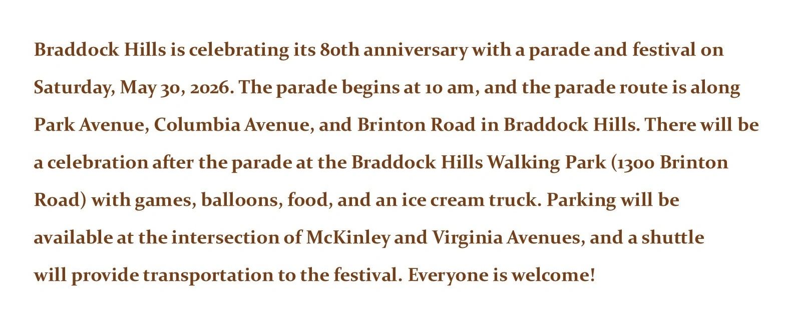 Braddock Hills celebrates its 80th anniversary with a parade and festival on May 30, 2026.