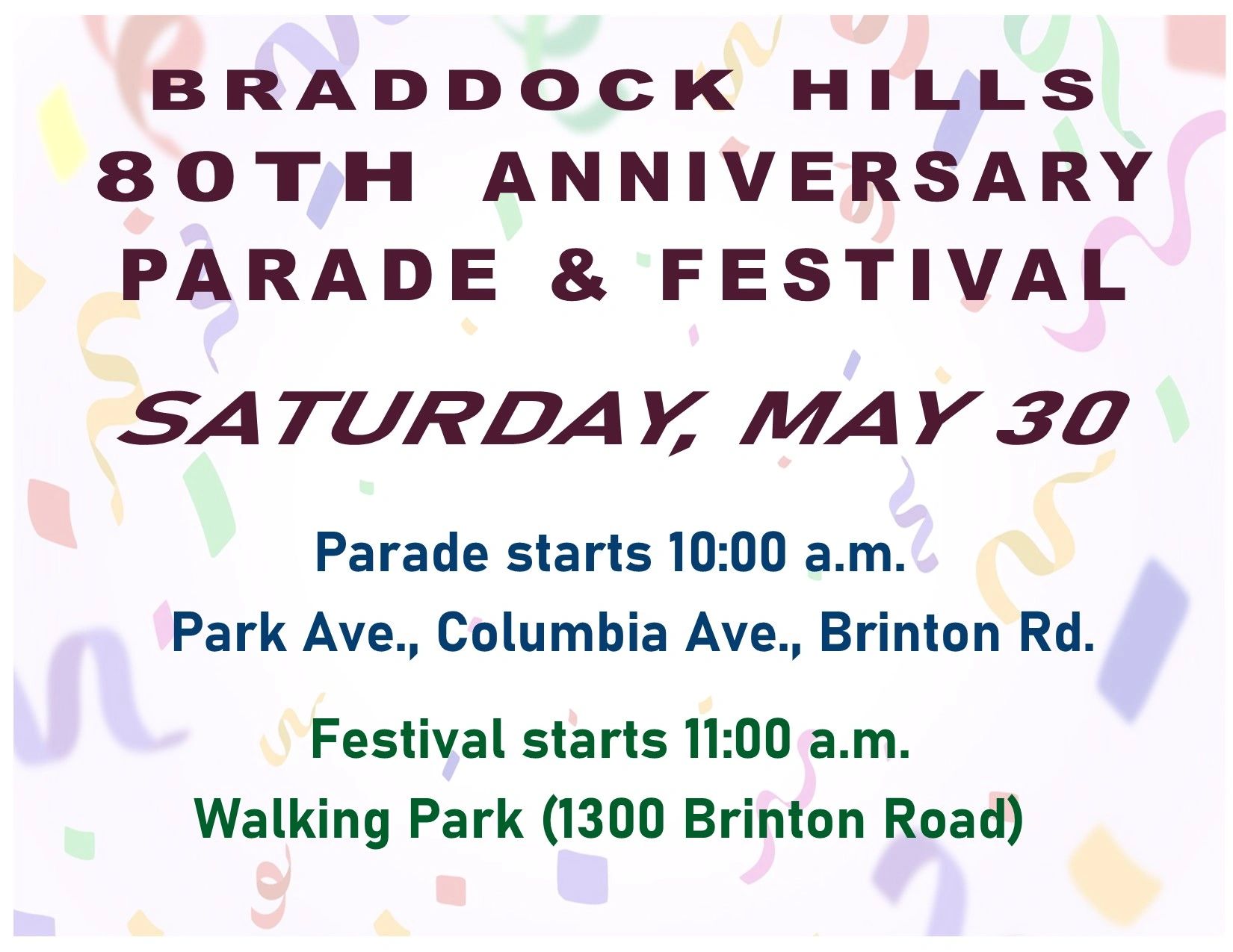 Flyer for Braddock Hills 80th Anniversary Parade and Festival on May 30th.