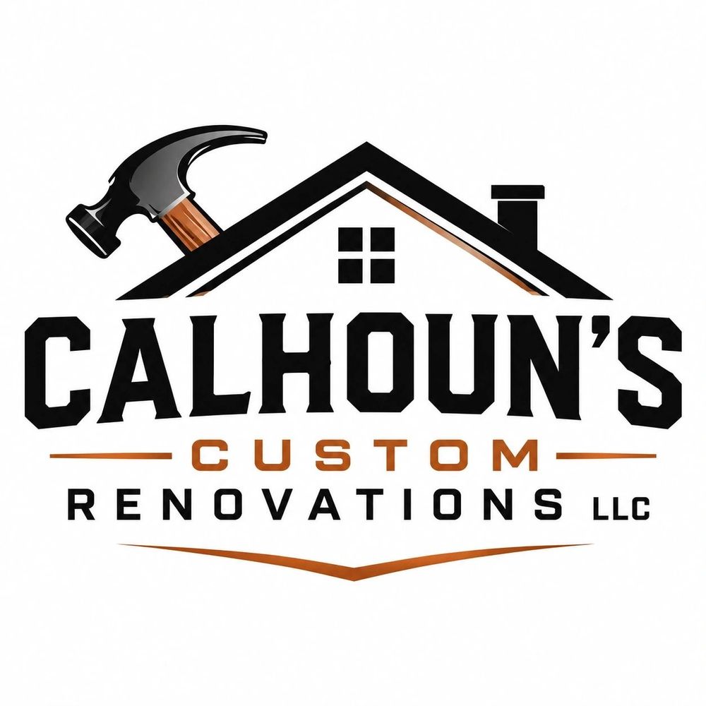 Logo for Calhoun's Custom Renovations featuring a hammer and house roof.
