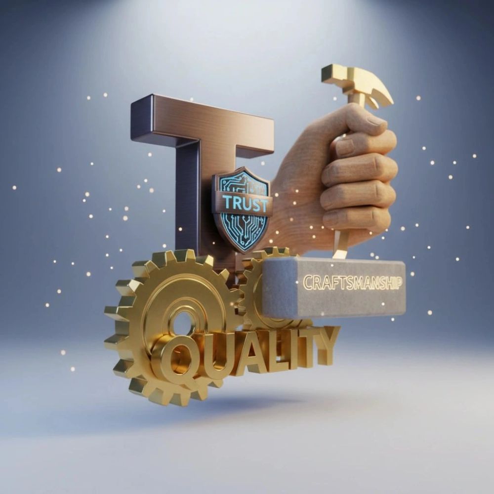 3D illustration symbolizing trust, craftsmanship, and quality with gears and a hammer.