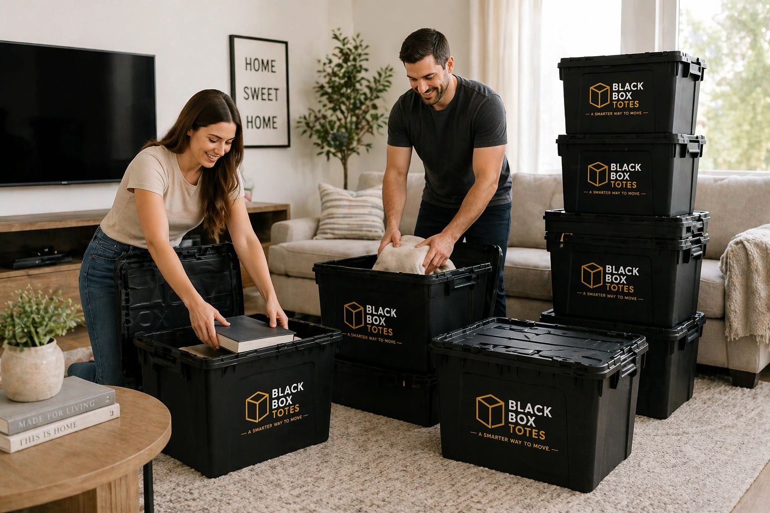 Couple packing with Black Box Totes in a cozy living room.