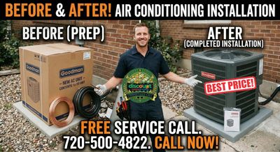 Before and after images of an air conditioning installation with a smiling technician.