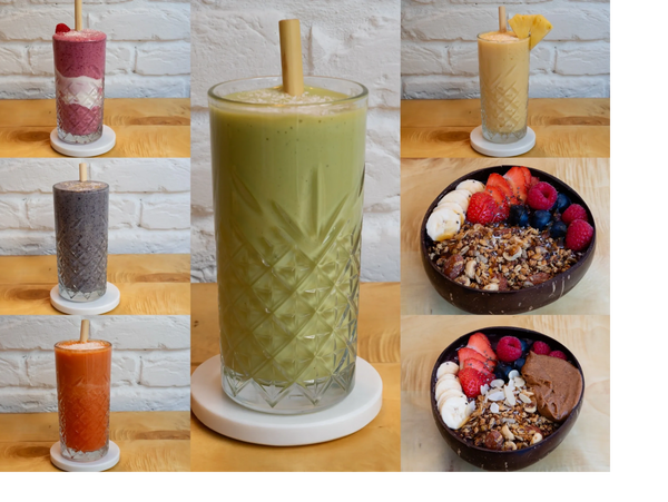 A vibrant collection of smoothies and fruit bowls with nuts and seeds.