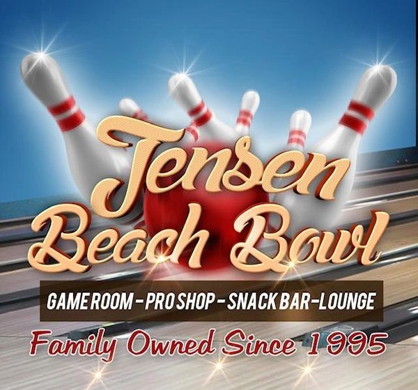 Jensen Beach Bowl logo with bowling pins and ball.