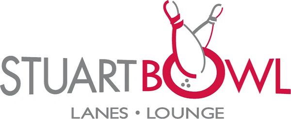 Logo for Stuart Bowl Lanes and Lounge with bowling pin and ball graphic.