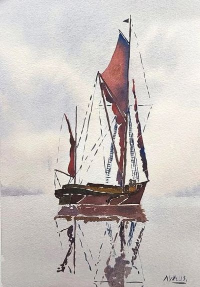 Watercolor painting of a sailboat with red sails reflected in calm water.