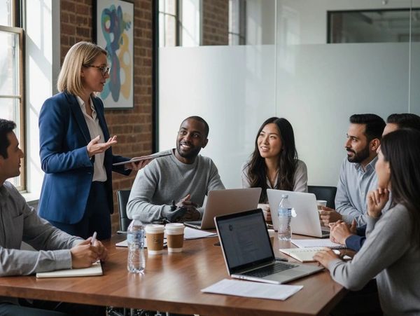 Diverse team sitting around the table with a woman standing and presenting to them.
