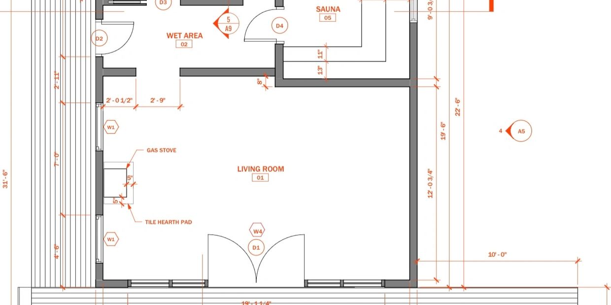 Architectural floor plan of a living space with sauna, bathroom, shower, and outdoor deck with hot tub.