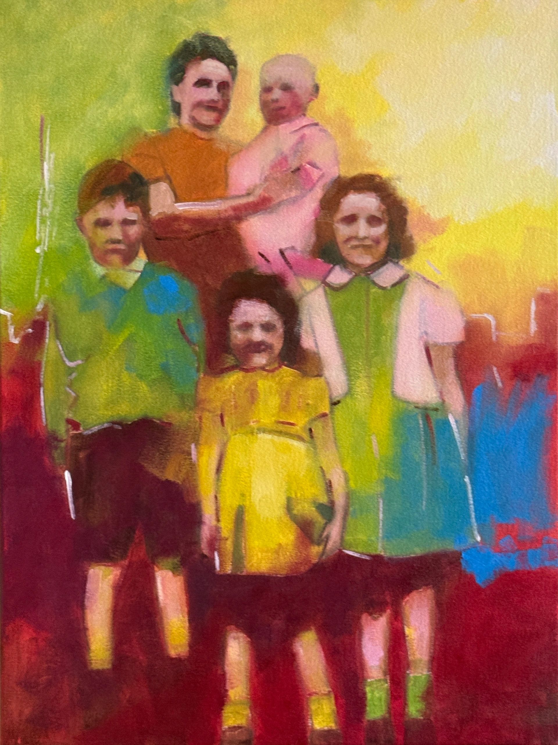 Abstract painting of five people with bright, blended colors.