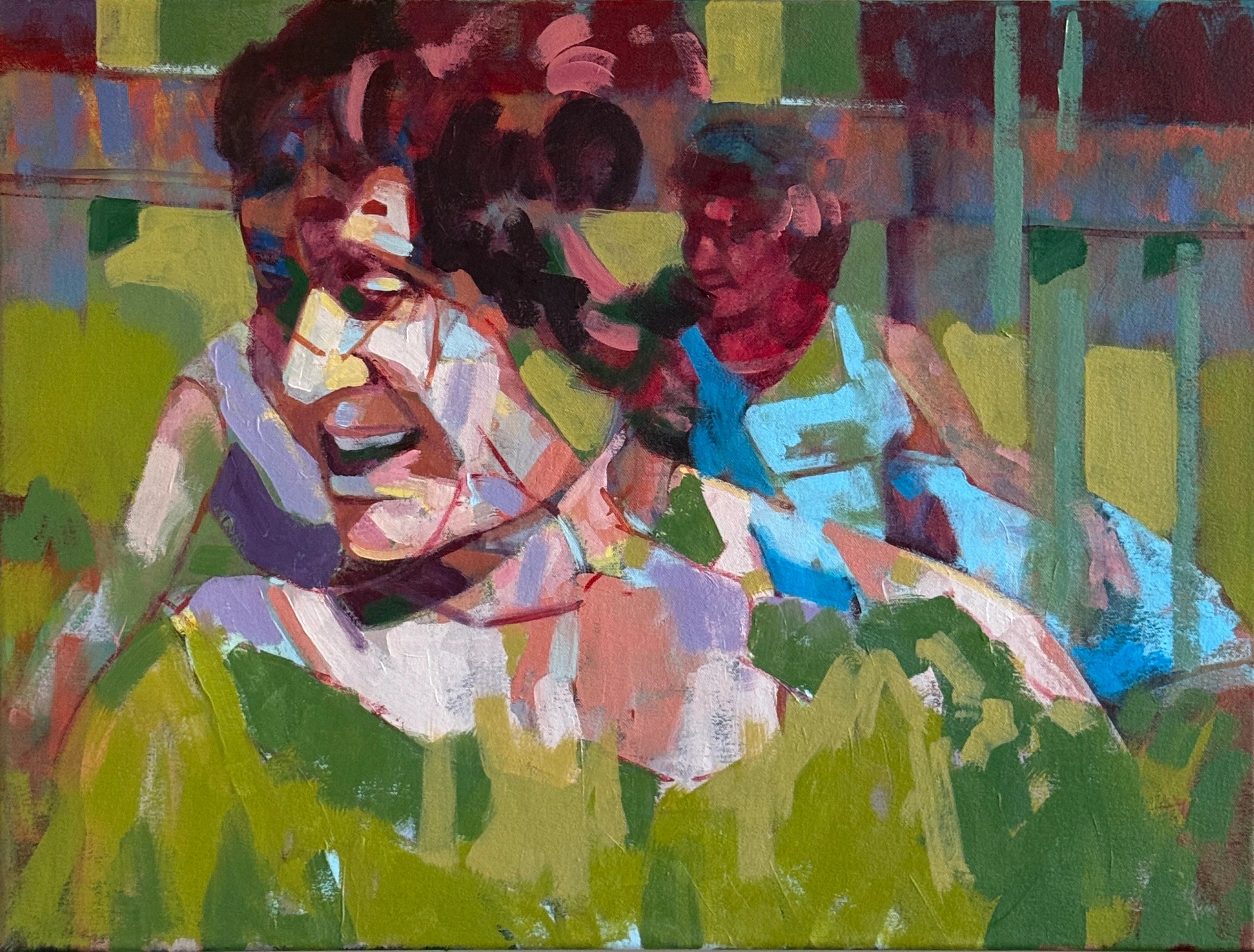 Abstract painting of two women with vibrant colors and bold brushstrokes.