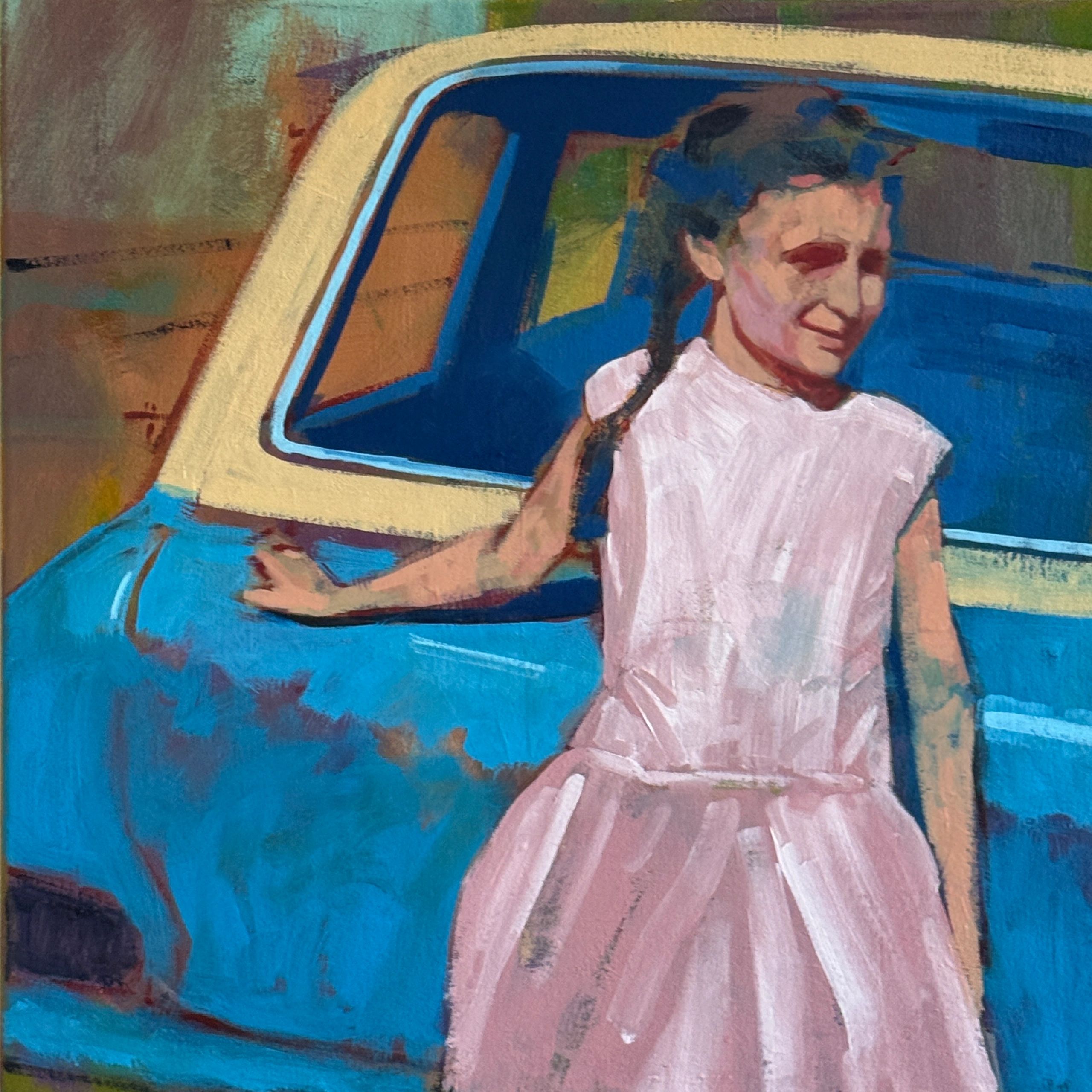 Painting of a girl in a pink dress standing by a blue car.