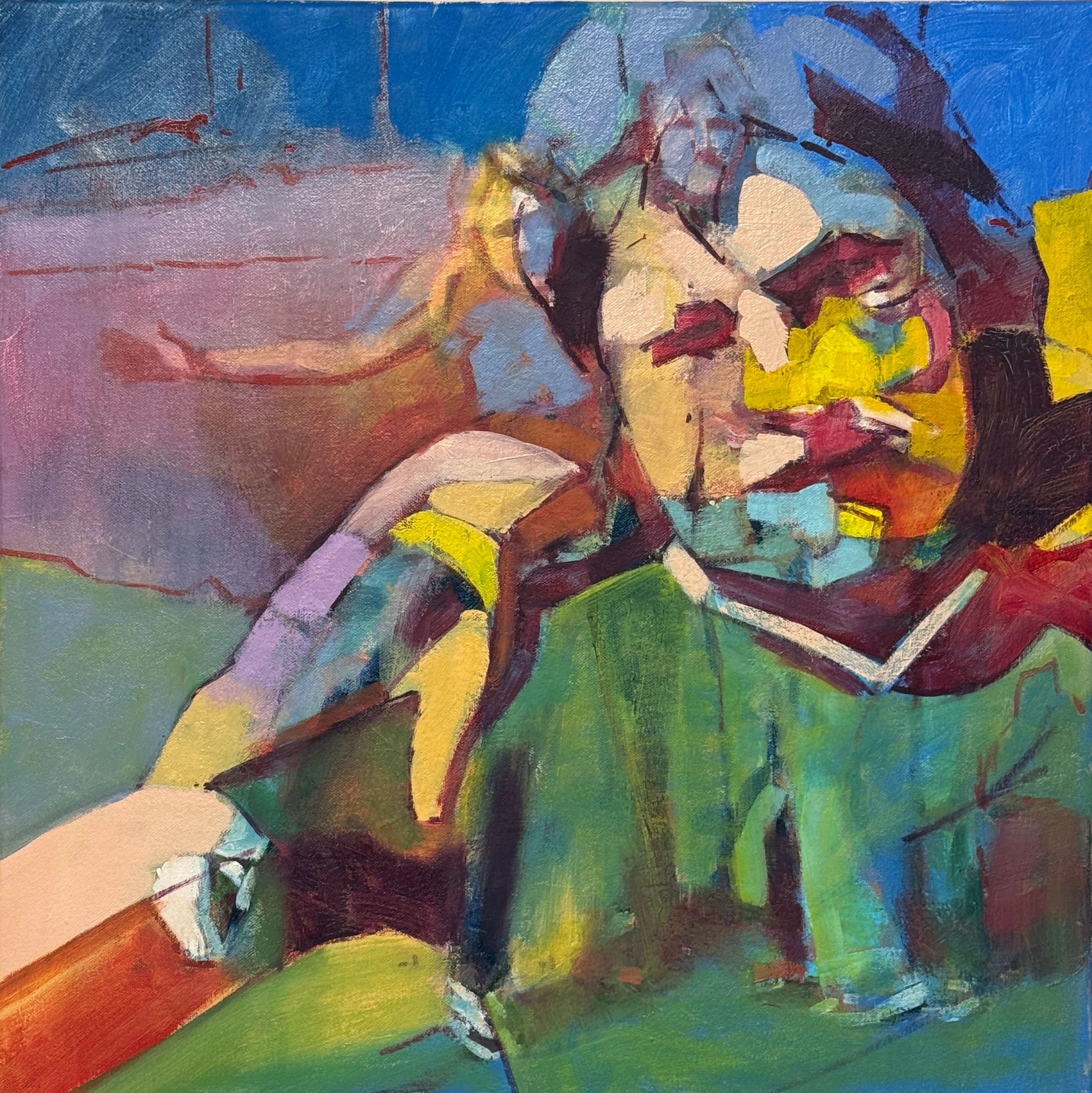 Abstract painting with vibrant colors and dynamic shapes.