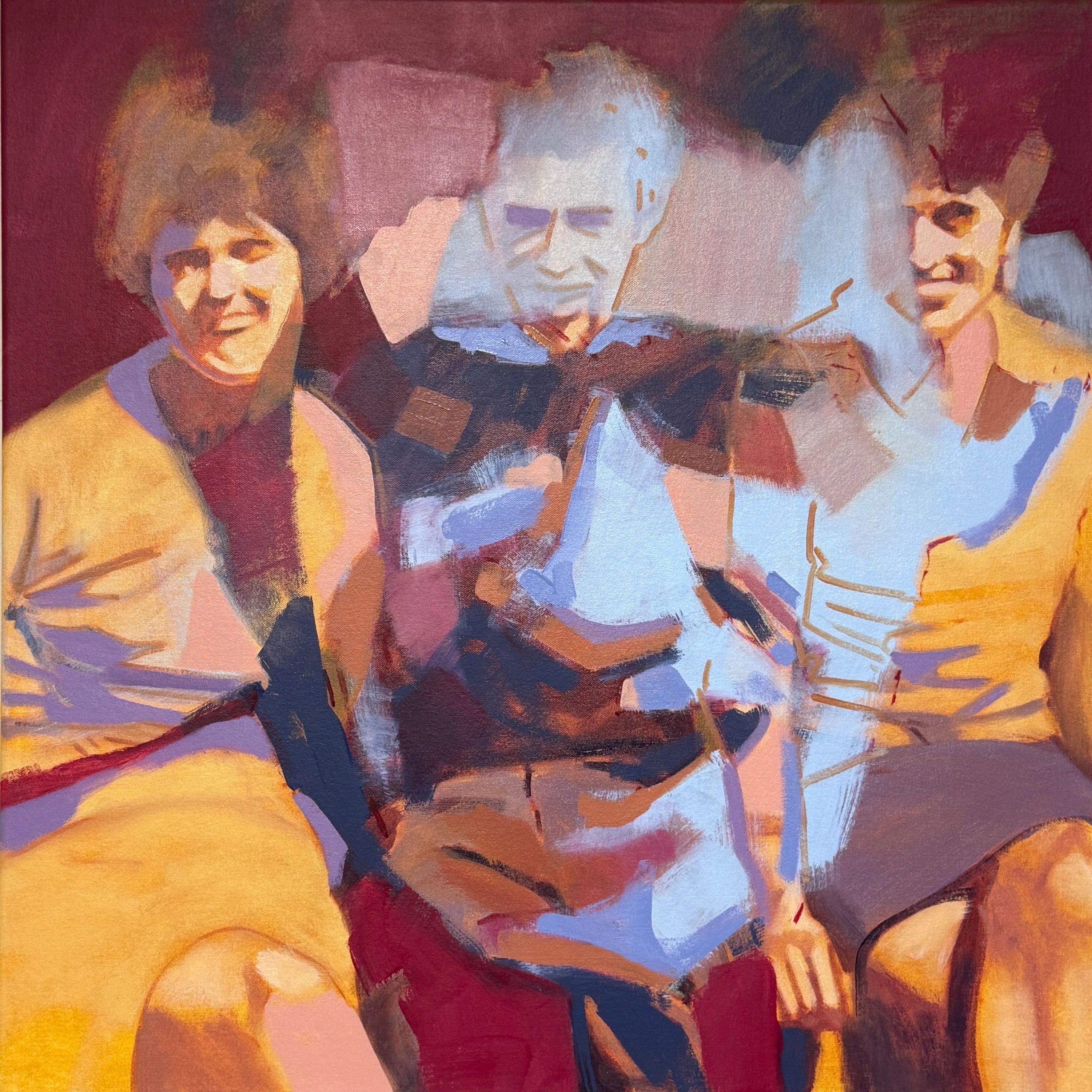 Abstract painting of three people with warm tones and blurred features.