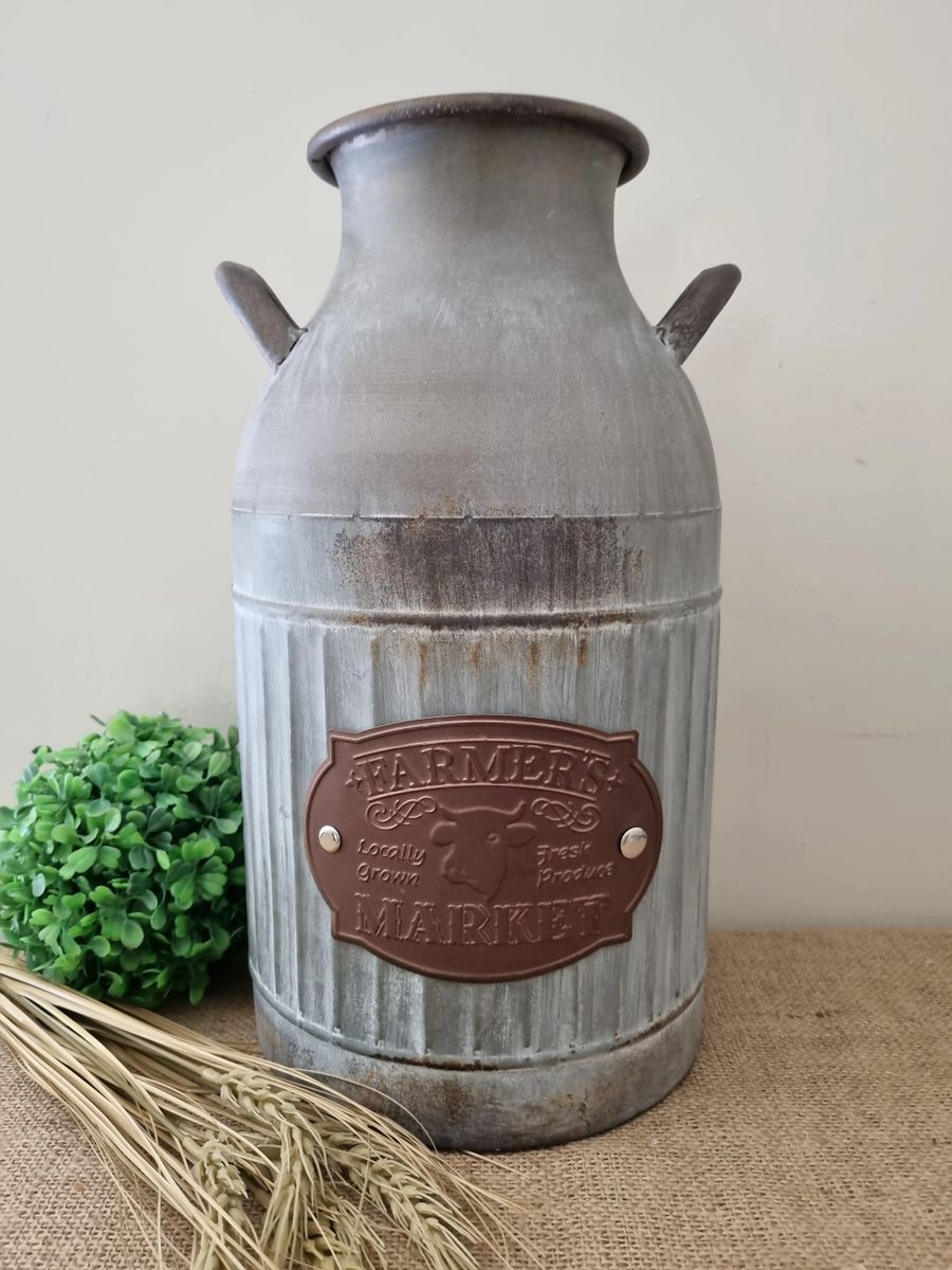 FARMERS MARKET RUSTIC METAL MILK CAN DECOR