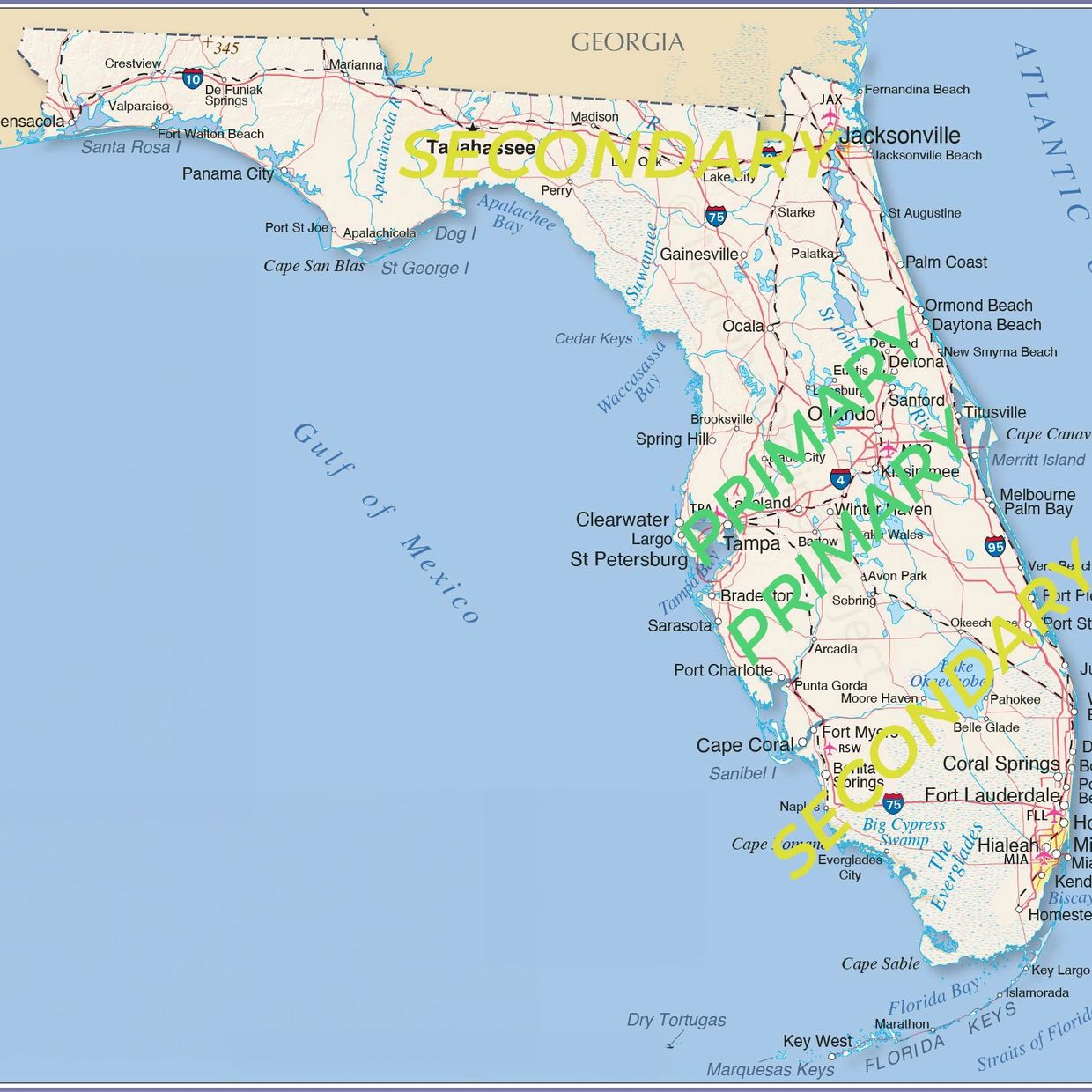 map of Florida with cargo van routes primary central Florida Tampa, Orlando and Secondary Miami,