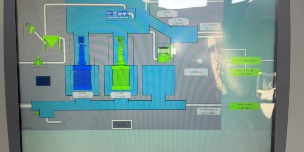 Industrial system control panel with blue and green schematic.