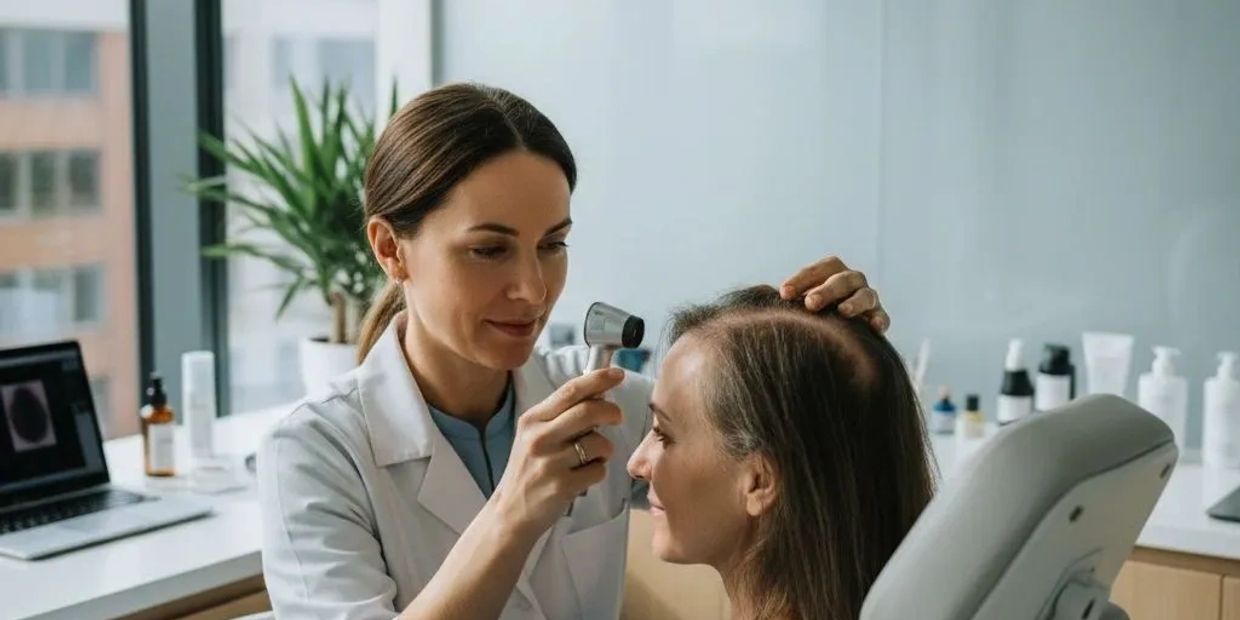 Doctor examines patient's scalp with a dermatoscope.