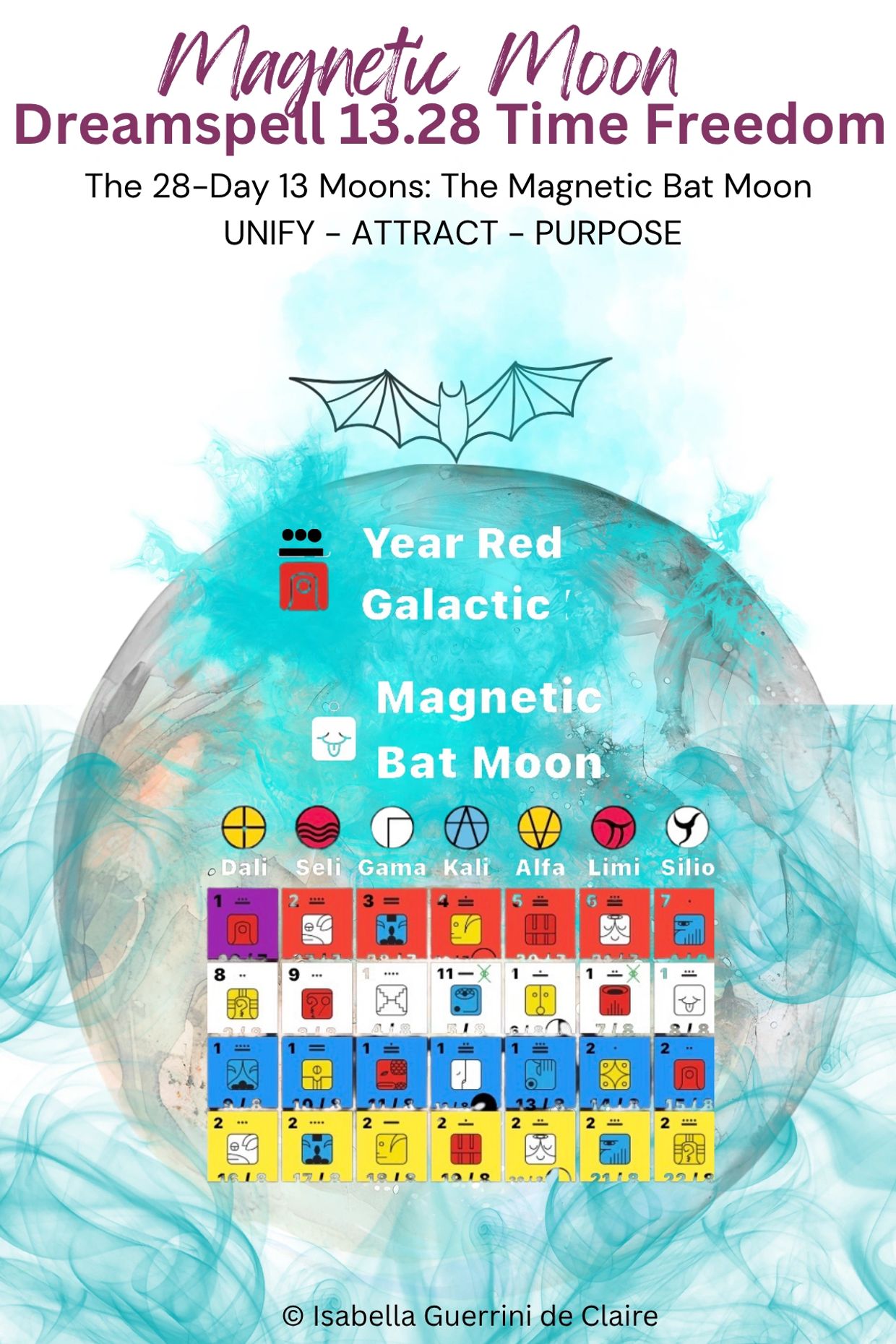 Magnetic Moon Dreamspell calendar showing a 28-day cycle with bat moon symbolism.