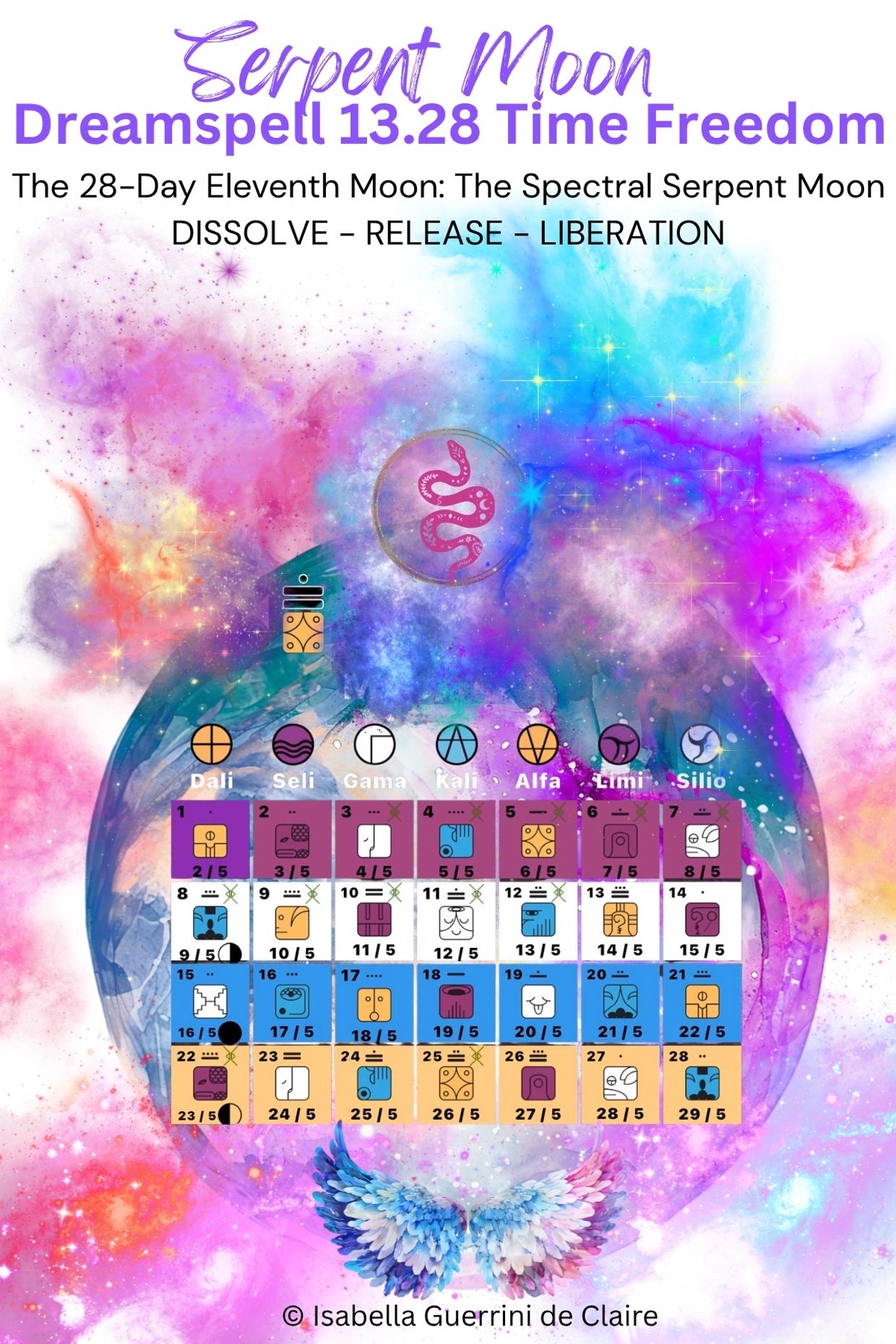 Colorful Serpent Moon calendar with mystical symbols and cosmic background.