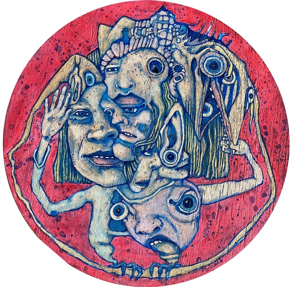 “ruff customer”
acrylic on wood
20” round
