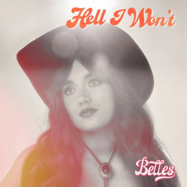 Vintage-style portrait of a woman in a hat with text.
