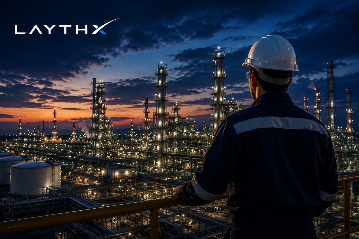 Engineer in hard hat overlooking illuminated industrial refinery at dusk.