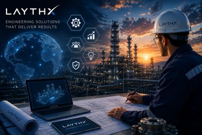 Engineer reviewing industrial plans with digital tools at sunset.