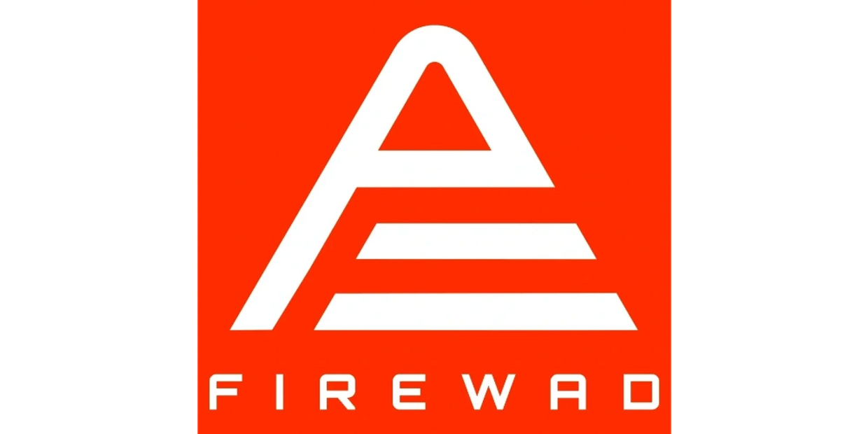 Bold red and white FIREWAD logo with stylized letter A on black background.