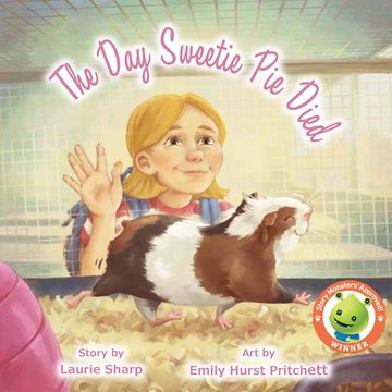 A girl waves at a guinea pig in a cage on a children's book cover.