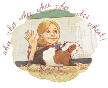 A girl joyfully waves at a guinea pig with excitement.