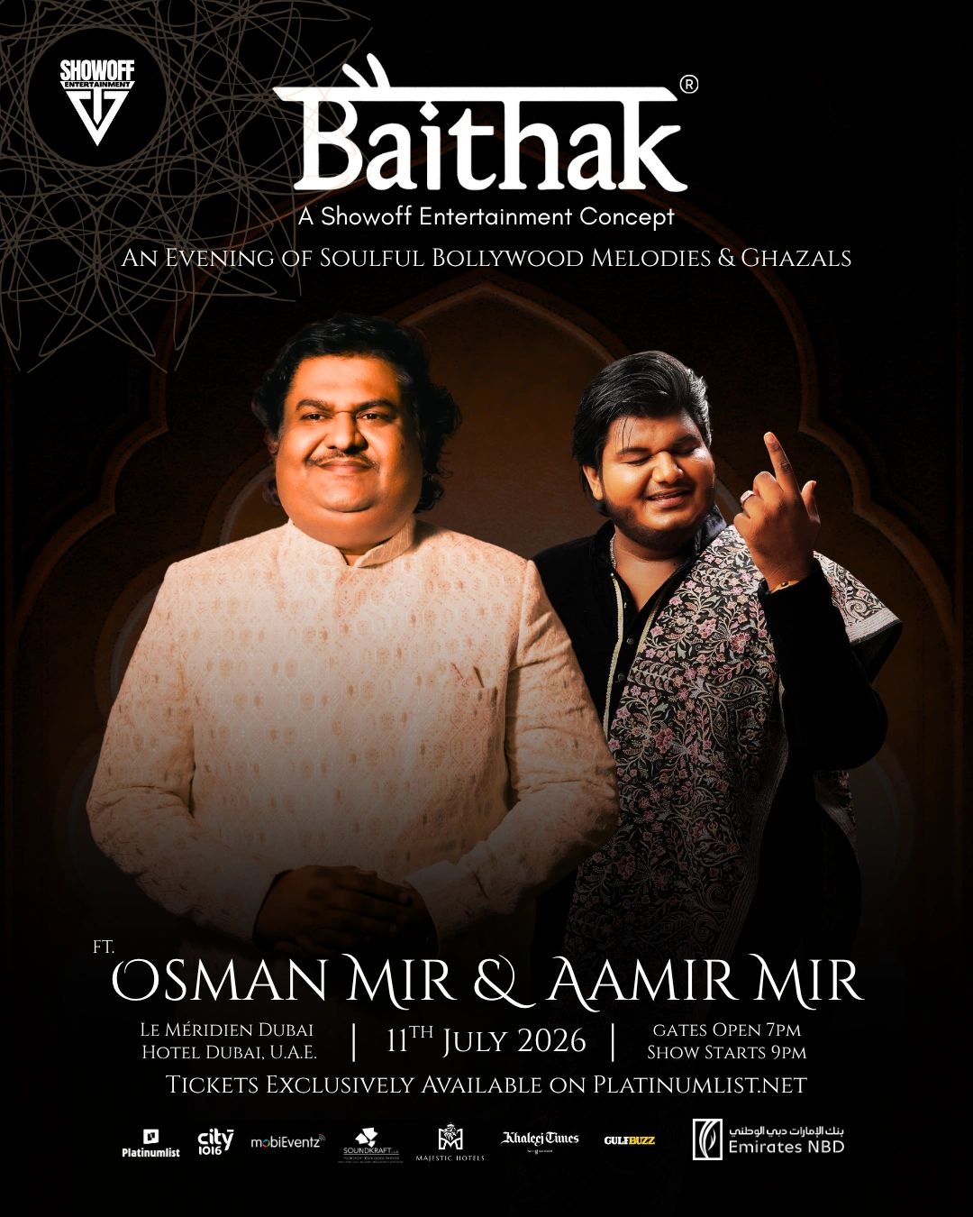 Poster for Baithak: An evening of soulful Bollywood melodies and ghazals with Osman Mir and Aamir Mir.