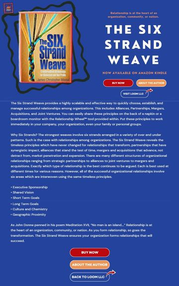 Promotional flyer for 'The Six Strand Weave' book detailing organizational relationship strategies.