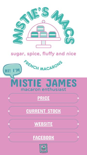 Logo and profile card for Mistie's Macs, a French macaron business.