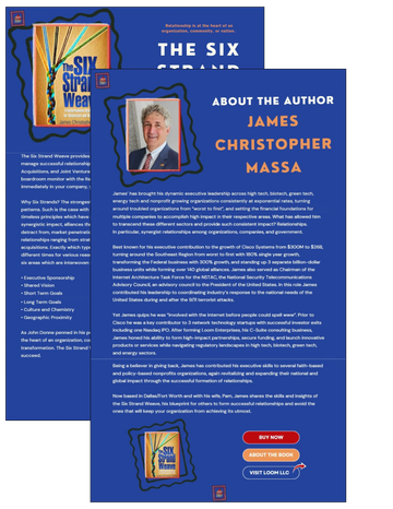 Promotional flyer for 'The Six Strand Weaver' book and author James Christopher Massa.