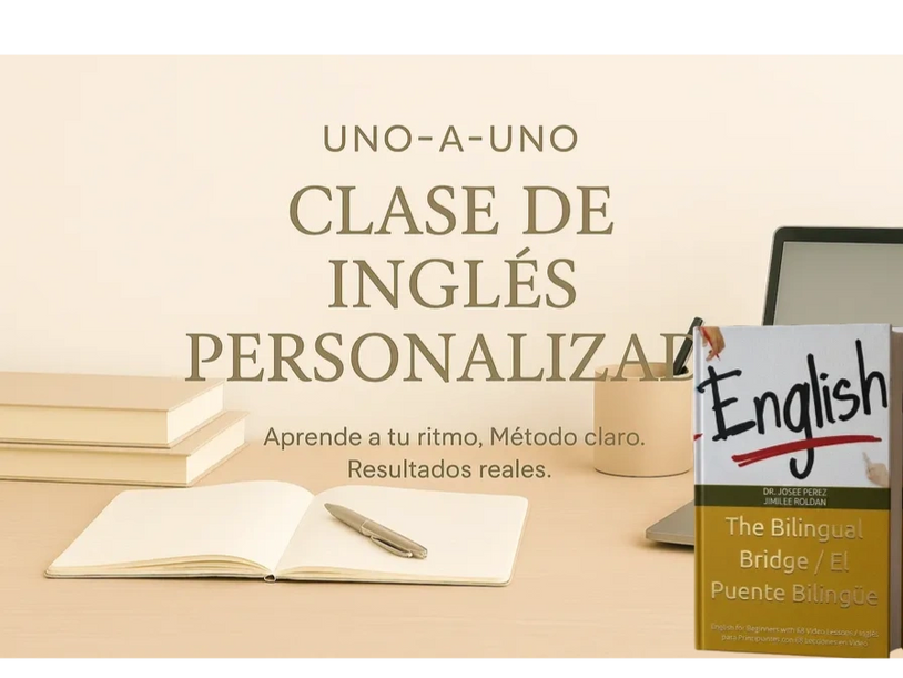 A bilingual English learning book on a wooden table with a pen and notebook nearby.