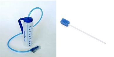A blue and white medical irrigation device with a tube and a blue sponge brush.