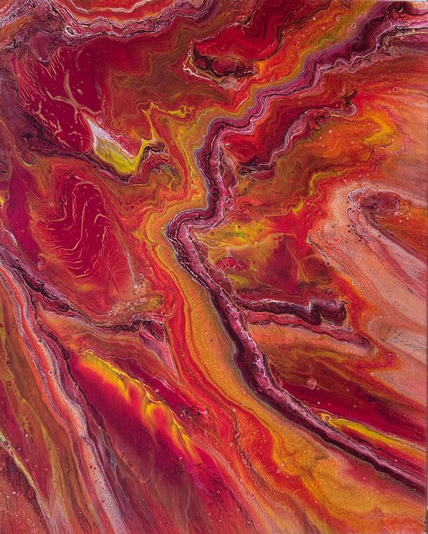 Abstract painting with swirling red, orange, and yellow hues.