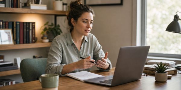 Woman engaged in a video call at home office desk.