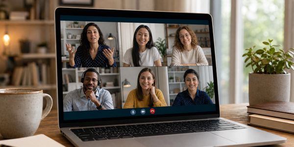 Six people engaged in a video conference on a laptop.