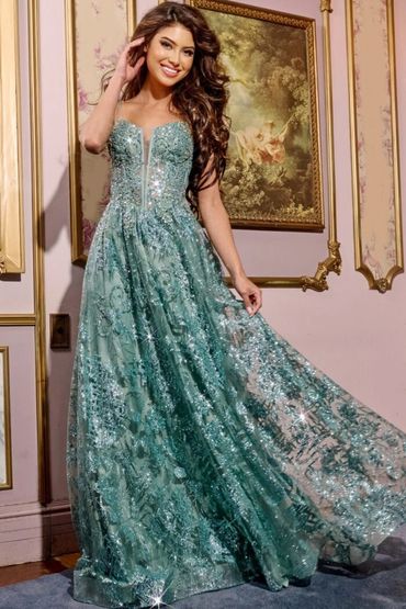Jovani Spaghetti Strap A-Line Gown with Embellished Bodice 42199