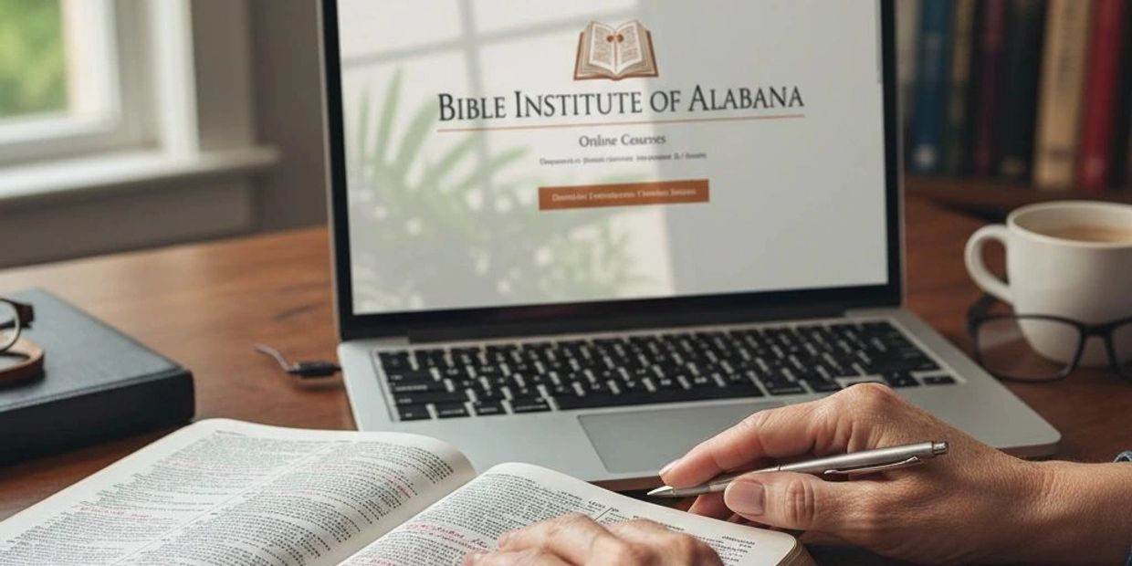 Person studying Bible with laptop showing Bible Institute of Alabama online courses.
