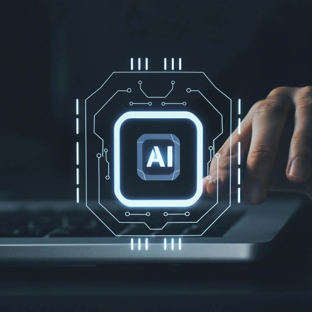 Hand interacting with a glowing AI chip hologram above a laptop.