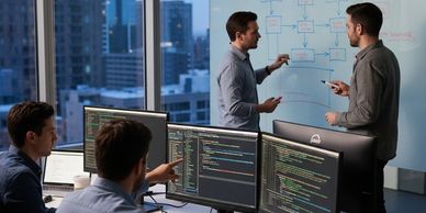 Team of programmers collaborating in an office with code on screens and a flowchart on a glass board.