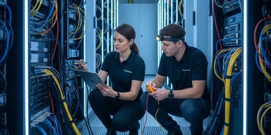 Two IT technicians working in a server room surrounded by cables and equipment.