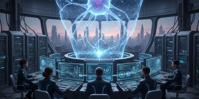 Scientists analyze a giant holographic neuron in a futuristic lab.