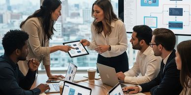 A diverse team collaborating on a project with laptops and digital flowcharts in a modern office.